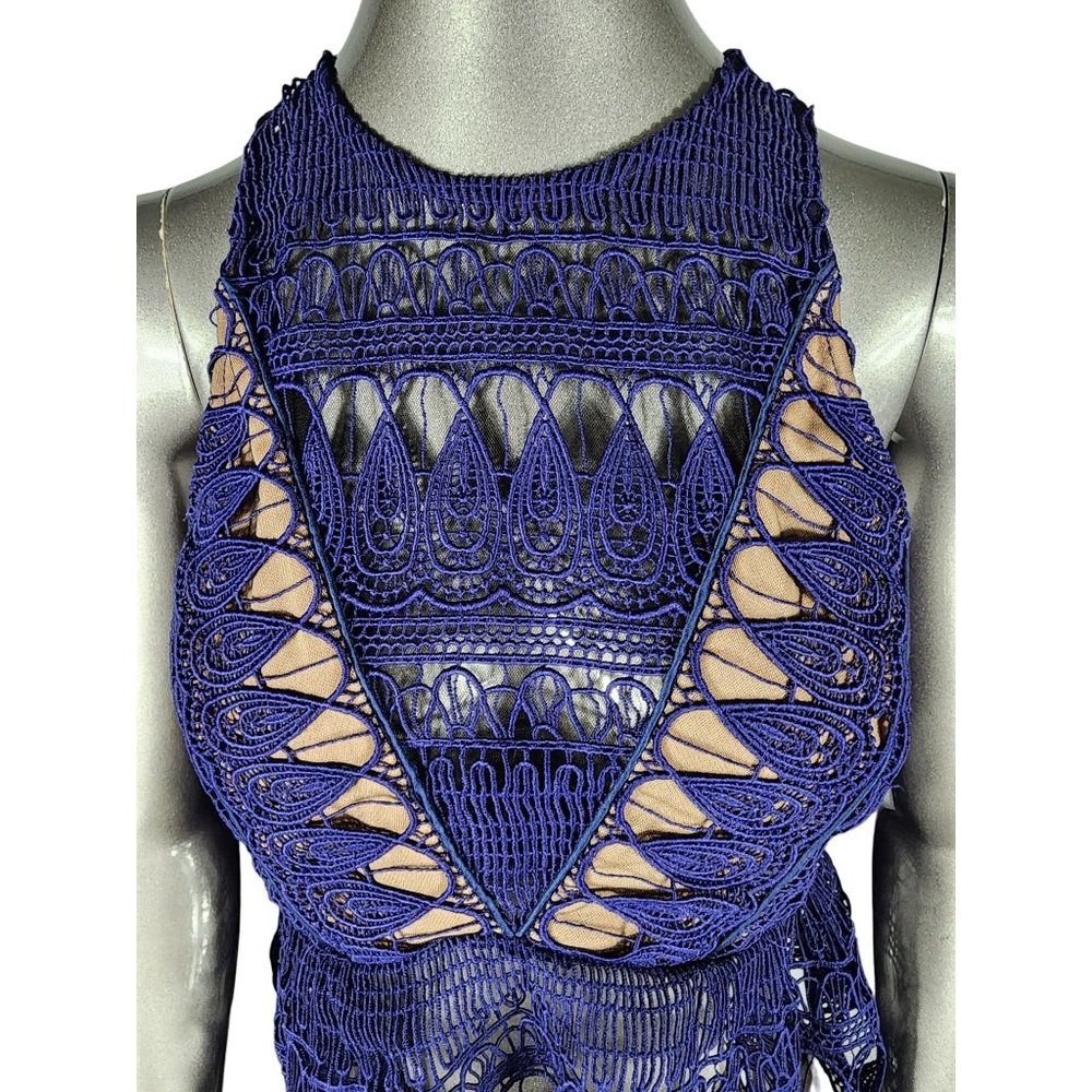 Self Portrait Blue Blouse Top Sheer Lace Cut Out Sleeveless Peplum 6 - Picture 4 of 8